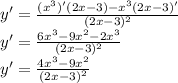y'=\frac{(x^3)'(2x-3)-x^3(2x-3)'}{(2x-3)^2}\\ y'= \frac{6x^3-9x^2-2x^3}{(2x-3)^2}\\ y'=\frac{4x^3-9x^2}{(2x-3)^2}