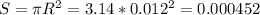 S=\pi R^2=3.14*0.012^2=0.000452