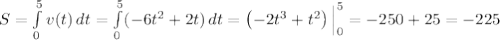 S = \int\limits_{0}^{5} v(t) \, dt = \int\limits^{5}_{0} (-6t^2 + 2t) \, dt = \left(-2t^3 + t^2 \right)\Big|^{5}_{0} = -250 + 25 = -225