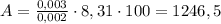 A = \frac{{0,003}}{{0,002}} \cdot 8,31 \cdot 100 = 1246,5\;