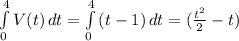 \int\limits^4_0 {V(t)} \, dt=\int\limits^4_0 {(t-1}) \, dt =(\frac{t^2}{2} -t)