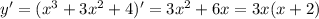 y^\prime = (x^3 + 3x^2 + 4)^\prime = 3x^2 + 6x = 3x(x + 2)