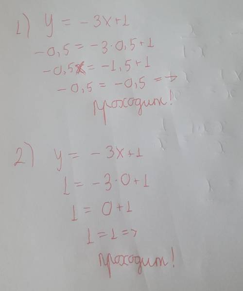 кто умеет Проходит ли график функции y=-3x+1 A(0,5; -0,5 ) B (0; 1)​