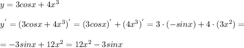 y=3cosx+4x^3\\\\y^{'} = (3cosx+4x^3)^{'} = (3cosx)^{'} + (4x^3)^{'} = 3 \cdot (-sinx) + 4 \cdot (3x^{2}) = \\\\ = -3sinx + 12x^{2} = 12x^{2} - 3sinx