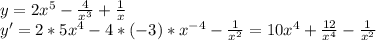 y=2x^5-\frac{4}{x^3}+\frac{1}{x}\\ y'=2*5x^4-4*(-3)*x^{-4}-\frac{1}{x^2}=10x^4+\frac{12}{x^4}-\frac{1}{x^2}