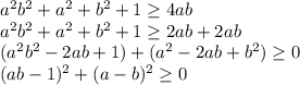 a^2b^2+a^2+b^2+1\geq 4ab \\ a^2b^2+a^2+b^2+1\geq 2ab +2ab\\ (a^2b^2-2ab+1)+(a^2-2ab+b^2)\geq 0 \\ (ab-1)^2+(a-b)&^2\geq 0