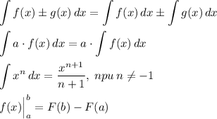 \displaystyle \int\limits {f(x)\pm g(x)} \, dx =\int\limits {f(x)} \, dx \pm \int\limits {g(x)} \, dx \\ \\ \int\limits {a\cdot f(x)} \, dx =a\cdot \int\limits {f(x)} \, dx \\ \\ \int\limits {{x}^{n}} \, dx =\dfrac{{x}^{n+1}}{n+1}, \: npu \: n\neq-1 \\ \\ f(x)\Big|^b_a=F(b)-F(a)