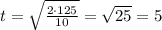 t = \sqrt{\frac{2\cdot 125}{10}} = \sqrt{25} = 5