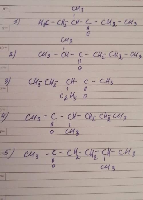 написать 5 изомерных между собой кетонов, все кетоны должны иметь по одному заместителю, дать назван