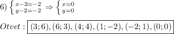 6)\left \{ {{x-2=-2} \atop {y-2=-2}} \right.\Rightarrow \left \{ {{x=0} \atop {y=0}} \right.\\\\Otvet:\boxed{(3;6),(6;3),(4;4),(1;-2),(-2;1),(0;0)}