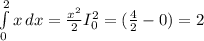 \int\limits^2_0 {x} \, dx = \frac{x^2}{2}I^{2} _{0} = (\frac{4}{2}-0)= 2