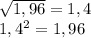 \sqrt{1,96} =1,4\\1,4^{2} =1,96