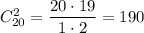 C_{20}^2=\dfrac{20\cdot19}{1\cdot2}=190