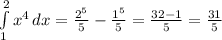 \int\limits^2_1 {x^4} \, dx =\frac{2^{5}}{5} - \frac{1^{5}}{5} =\frac{32-1}{5} =\frac{31}{5}