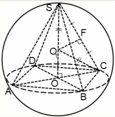 Найти объем шара, описанного около правильной четырехугольной пирамиды, боковое ребро которой 8 дм,