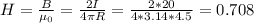H=\frac{B}{\mu _0} =\frac{2I}{4\pi R}=\frac{2*20}{4*3.14*4.5}=0.708