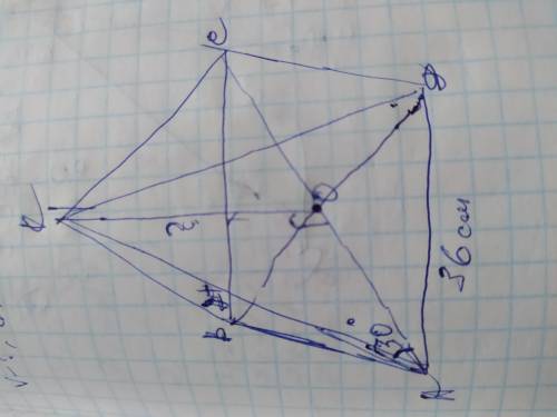 Сторона основания правильной четырёхугольной пирамиды равна 36 см. Боковое ребро с плоскостью основа