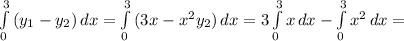 \int\limits^3_0 {(y_{1} }-y_{2}) \, dx = \int\limits^3_0 {(3x }-x^{2} y_{2}) \, dx = 3\int\limits^3_0 {x } \, dx-\int\limits^3_0 {x^{2} \, dx=