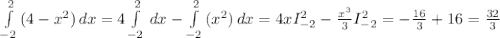 \int\limits^{2}_{-2} {(4-x^{2} )} \, dx = 4\int\limits^{2}_{-2} {} \, dx - \int\limits^{2}_{-2} {(x^{2} )} \, dx = 4xI_{-2} ^{2} - \frac{x^{3} }{3} I_{-2} ^{2} = -\frac{16}{3} +16=\frac{32}{3}