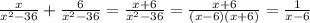 \frac{x}{x^{2} -36} +\frac{6}{x^{2} -36}=\frac{x+6}{x^{2} -36}=\frac{x+6}{(x -6)(x+6)}=\frac{1}{x-6}