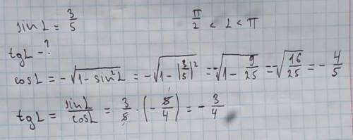 Дано: sin⁡〖α=3/5; α находится в интервале (π/2; π).〗 Вычислить tgα.