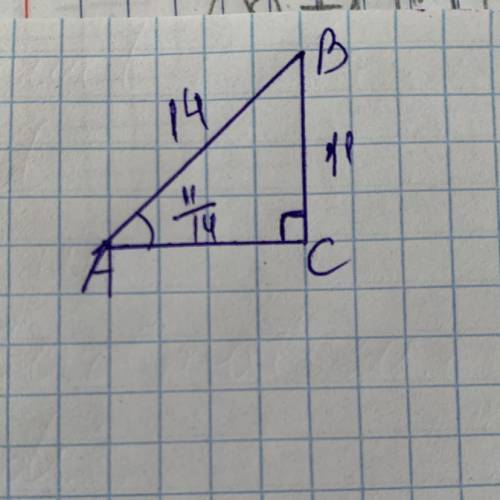 В треугольнике ABC угол C равен 90, sinA=11/14 BC=11. Найдите AB.