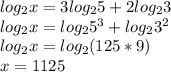 log_2x=3log_25+2log_23\\log_2x=log_25^3+log_23^2\\log_2x=log_2(125*9)\\x=1125