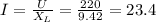 I=\frac{U}{X_L} =\frac{220}{9.42}=23.4