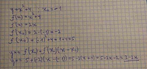 Составить уравнение касательной к параболе y=-x²+4 в точке в абсциссой x=-1.