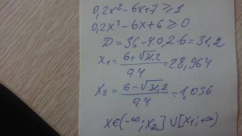 Решить неравенство 0,2x2–6x+7 ≥ 1.