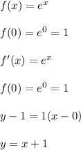 f(x)=e^{x} \\\\f(0)=e^{0}=1\\\\f'(x)=e^{x}\\\\f(0)=e^{0}=1\\\\y-1=1(x-0)\\\\y=x+1