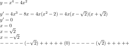 y=x^4-4x^2\\\\y'=4x^3-8x=4x(x^2-2)=4x(x-\sqrt{2})(x+\sqrt{2}) \\y'=0\\x=0\\x=\sqrt{2}\\x=-\sqrt{2}\\-----(-\sqrt{2})+++++(0)-----(\sqrt{2})+++++