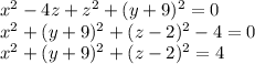 x^2-4z+z^2+(y+9)^2=0\\x^2+(y+9)^2+(z-2)^2 -4=0\\x^2+(y+9)^2+(z-2)^2 =4