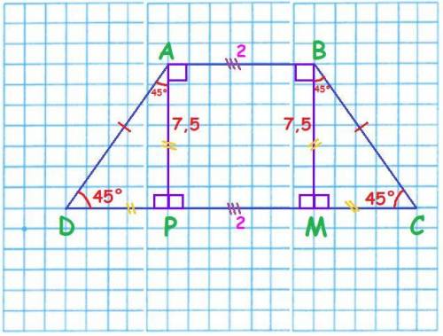В равнобедренной трапеции высота равна 7, 5, меньшее основание равно 2, и угол при основании равен 4