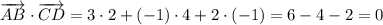 \overrightarrow{AB} \cdot \overrightarrow{CD} = 3 \cdot 2 + (-1) \cdot 4 + 2 \cdot (-1) = 6 - 4 - 2 = 0