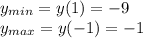 y_{min}=y(1)=-9\\y_{max}=y(-1)=-1