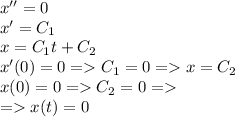 x''=0\\ x'=C_1\\ x=C_1t+C_2\\ x'(0)=0=C_1=0= x=C_2\\ x(0)=0=C_2=0=\\ =x(t)=0