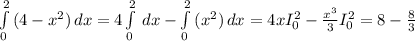 \int\limits^2_0 {(4-x^2) } \, dx =4 \int\limits^2_0 { } \, dx - \int\limits^2_0 {(x^2) } \, dx=4xI_0^2 - \frac{x^3}{3}I_0^2 = 8 -\frac{8}{3}