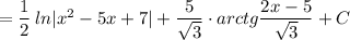 =\dfrac{1}{2}\, ln|x^2-5x+7|+\dfrac{5}{\sqrt3}\cdot arctg\dfrac{2x-5}{\sqrt3}+C