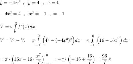 y=-4x^3\ \ ,\ \ y=4\ \ ,\ \ x=0\\\\-4x^3=4\ \ ,\ \ x^3=-1\ \ ,\ \x=-1\\\\V=\pi \int\limits^a_b f^2(x)\, dx\\\\V=V_1-V_2=\pi \int\limits_{-1}^0\, \Big(4^2-(-4x^3)^2\Big)dx=\pi \int\limits^0_{-1}\, \Big(16-16x^6\Big)\, dx=\\\\\\=\pi \cdot \Big(16x-16\cdot \dfrac{x^7}{7}\Big)\Big|_{-1}^0=-\pi \cdot \Big(-16+\dfrac{16}{7}\Big)=\dfrac{96}{7}\, \pi