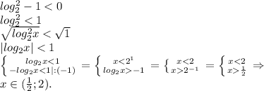 log_2^2-1<0\\log_2^2<1\\\sqrt{log_2^2x} <\sqrt{1}\\|log_2x|<1\\\left \{ {{log_2x<1} \atop {-log_2x<1|:(-1)} \right. =\left \{ {{x<2^1} \atop {log_2x-1}} \right=\left \{ {{x<2} \atop {x2^{-1 }} \right.=\left \{ {{x<2} \atop {x\frac{1}{2} }} \right. \Rightarrow\\x\in(\frac{1}{2};2).