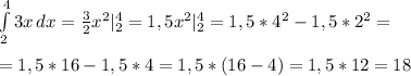 \int\limits^4_2 {3x} \, dx =\frac{3}{2} x^2|_2^4=1,5 x^2|_2^4=1,5* 4^2-1,5* 2^2=\\\\=1,5 *16-1,5 *4=1,5*(16-4)=1,5*12=18\\