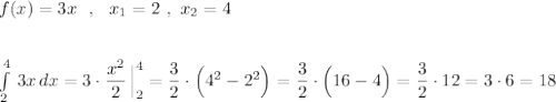 f(x)=3x\ \ ,\ \ x_1=2\ ,\ x_2=4\\\\\\\int \limits _2^4\, 3x\, dx=3\cdot \dfrac{x^2}{2}\, \Big|_2^4=\dfrac{3}{2}\cdot \Big(4^2-2^2\Big)=\dfrac{3}{2}\cdot \Big(16-4\Big)=\dfrac{3}{2}\cdot 12=3\cdot 6=18