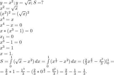 y=x^2;y=\sqrt{x} ;S=?\\x^2=\sqrt{x} \\(x^2)^2=(\sqrt{x})^2\\ x^4=x\\x^4-x=0\\x*(x^3-1)=0\\x_1=0\\x^3-1=0\\x^3=1\\x=1.\\S=\int\limits^1_0 {(\sqrt{x}- x^2)} \, dx =\int\limits^1_ 0{(x^{\frac{1}{2}}-x^2) } \, dx =(\frac{2}{3}x^{\frac{3}{2}}-\frac{x^3}{3})|_0^1=\\= \frac{2}{3} *1-\frac{1^3}{3} -(\frac{2}{3}*0^\frac{3}{2}-\frac{0^3}{3})=\frac{2}{3}-\frac{1}{3}=\frac{1}{3}.