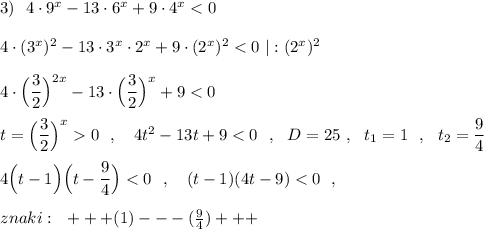 3)\ \ 4\cdot 9^{x}-13\cdot 6^{x}+9\cdot 4^{x}<0\\\\4\cdot (3^{x})^2-13\cdot 3^{x}\cdot 2^{x}+9\cdot (2^{x})^2<0\ |:(2^{x})^2\\\\4\cdot \Big(\dfrac{3}{2}\Big)^{2x}-13\cdot \Big(\dfrac{3}{2}\Big)^{x}+9<0\\\\t=\Big(\dfrac{3}{2}\Big)^{x}0\ \ ,\ \ \ 4t^2-13t+9<0\ \ ,\ \ D=25\ ,\ \ t_1=1\ \ ,\ \ t_2=\dfrac{9}{4}\\\\4\Big(t-1\Big)\Big(t-\dfrac{9}{4}\Big)<0\ \ ,\ \ \ (t-1)(4t-9)<0\ \ ,\\\\znaki:\ \ +++(1)---(\frac{9}{4} )+++