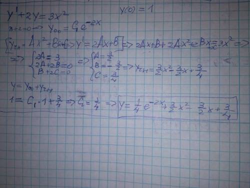 решить уравнение Dy/dx+2y=3x^2: y(0)=1 Большое