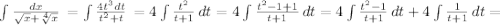 \int{\frac{dx}{\sqrt{x} +\sqrt[4]{x} } \, =\int{\frac{4t^3dt}{t^2 +t } \, =4\int{\frac{t^2}{t +1 } \, dt=4\int{\frac{t^2-1+1}{t +1 } \, dt=4\int{\frac{t^2-1}{t +1 } \, dt+4\int{\frac{1}{t +1 } \, dt=