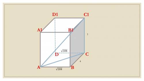 В прямоугольном параллелепипеде A B C D A1 B1 C1 D1, известно, что DC=корень из 104; AA1=1; B1C1=4.