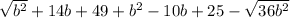 \sqrt{b { }^{2} } + 14b + 49 + b {}^{2} - 10b + 25 - \sqrt{36b {}^{2} }