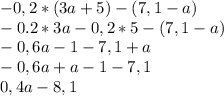 -0,2*(3a+5)-(7,1-a)\\-0.2*3a-0,2*5-(7,1-a)\\-0,6a-1-7,1+a\\-0,6a+a-1-7,1\\0,4a-8,1